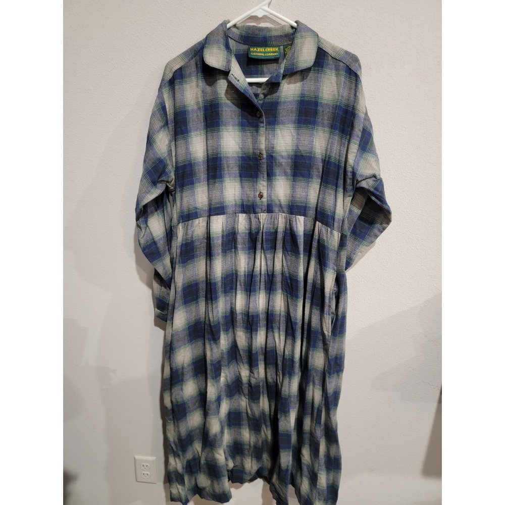Hazel Creek Maxi Dress Blue plaid Soft flannel long sleeves Vintage Sz. L